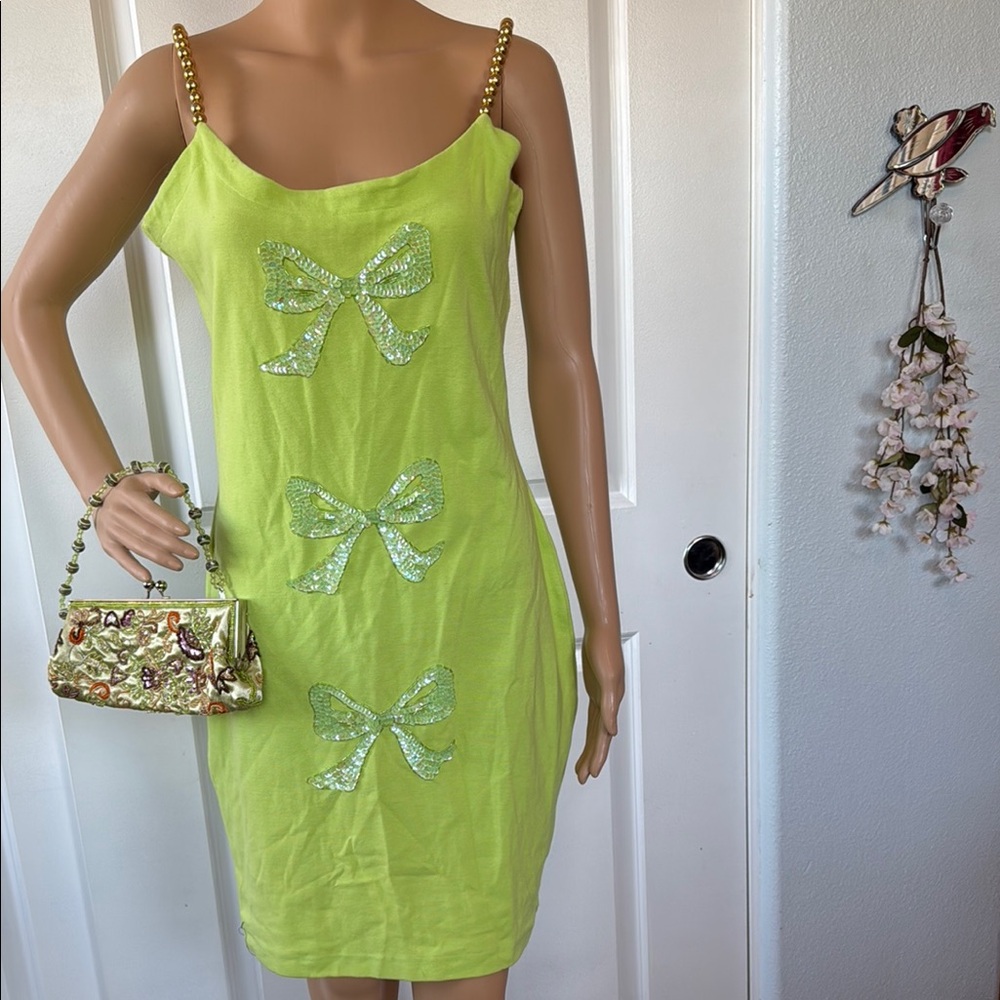 🍋‍🟩 VINTAGE rare NINO LAURENT lime green BOWS sequin embellished dress XL